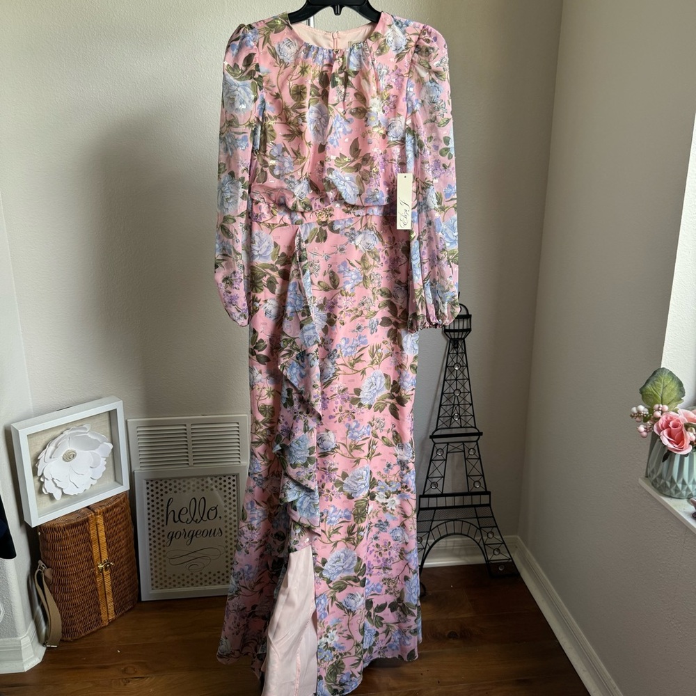 NWT Eliza J Blush Pink Floral Print Chiffon Cascade Long Sleeve Maxi Dress